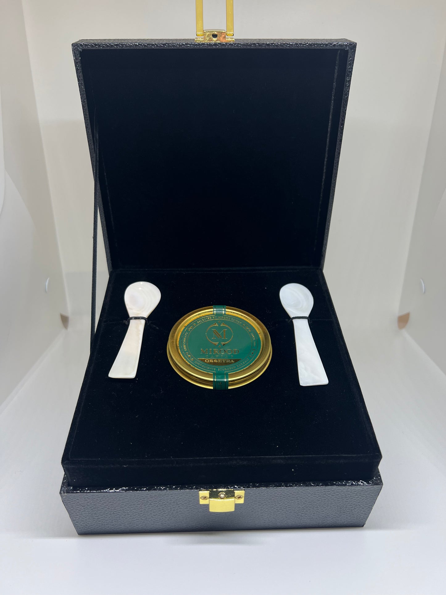 Gift Box:Caspian OSSETRA Sturgeon Caviar with two Mother of Pearl Caviar spoons.